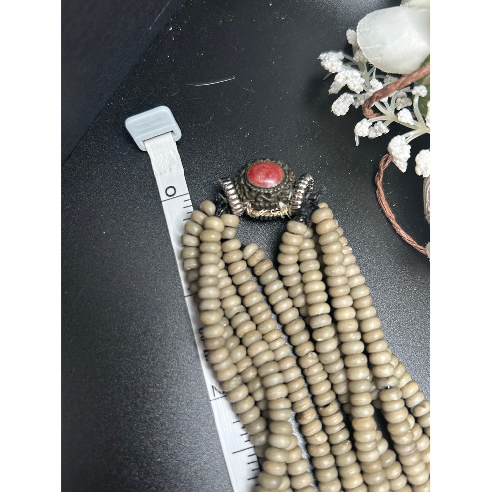 Artisan Multi Strand Seed Bead Necklace Silver Tone Spiral Medallion Red Accents - Picture 4 of 4